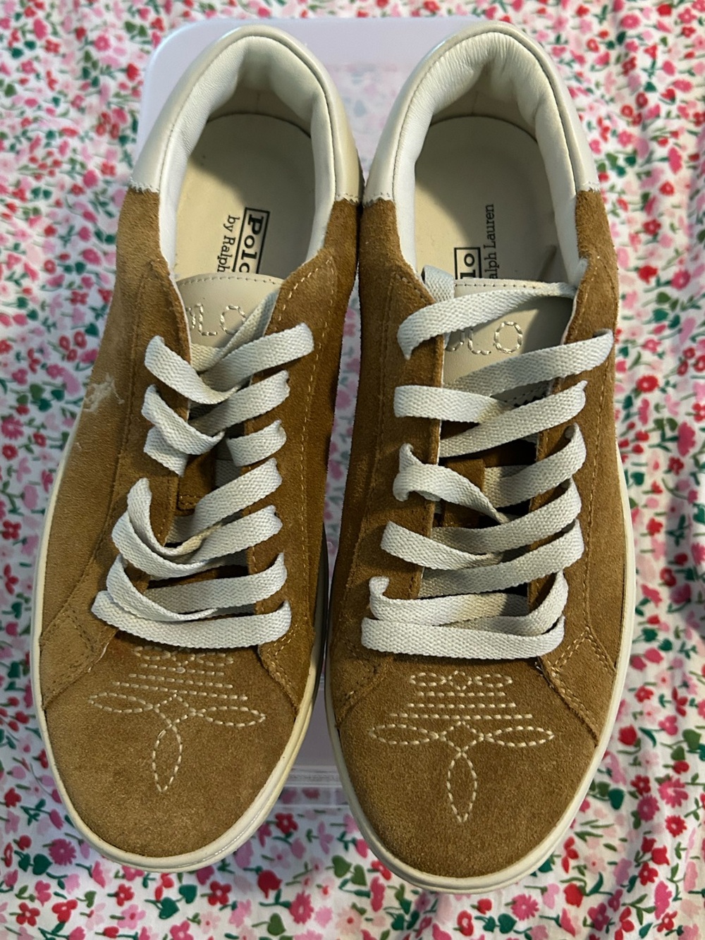 Polo by Ralph Lauren Women's Tan Suede Lace-Up Sneakers with White Laces